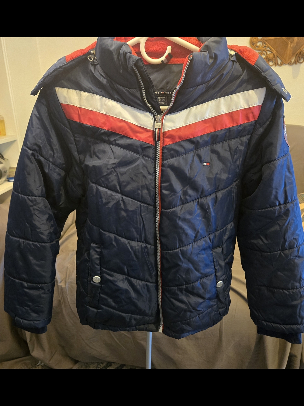 Tommy Hilfiger Navy Puffer Jacket with Red & White Stripes